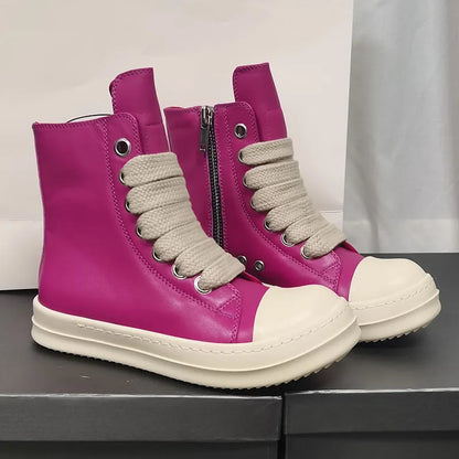Black high-top leather sneakers with side zipper, round toe, and stitching details on genuine cowhide upper