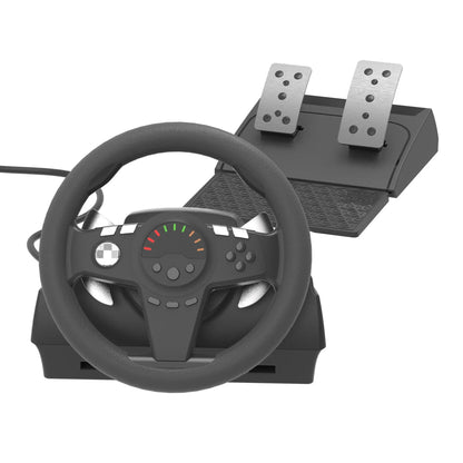 Black multi-platform steering wheel with two pedals, paddle shifters, LED display, and desk mounting bracket.