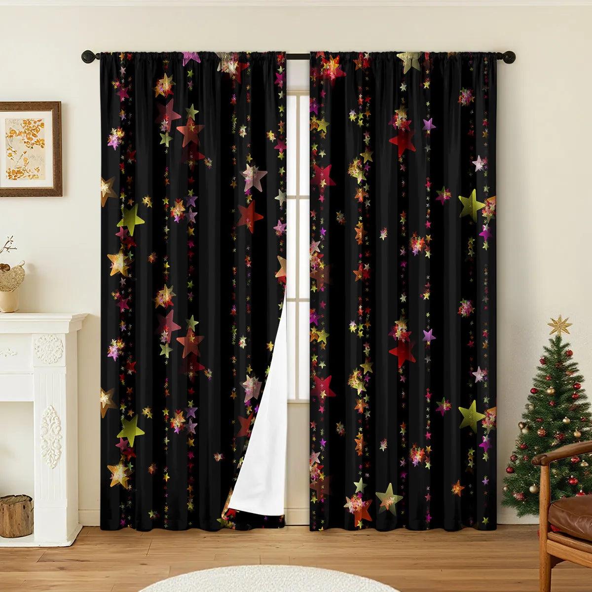Pair of 3D digitally printed Christmas pattern curtains hung on a window.