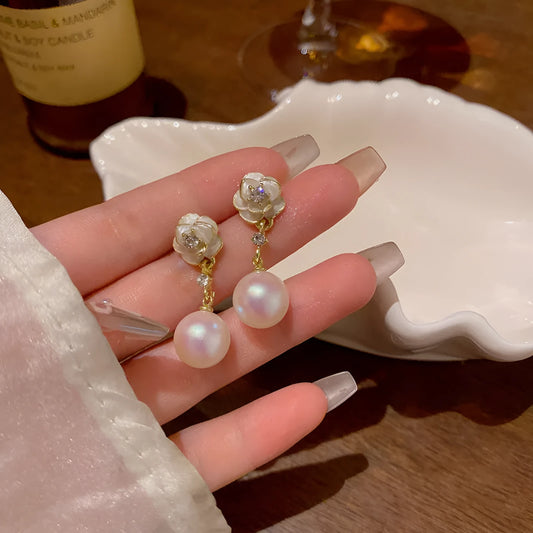 Camellia flower stud earrings with pearl centre for women