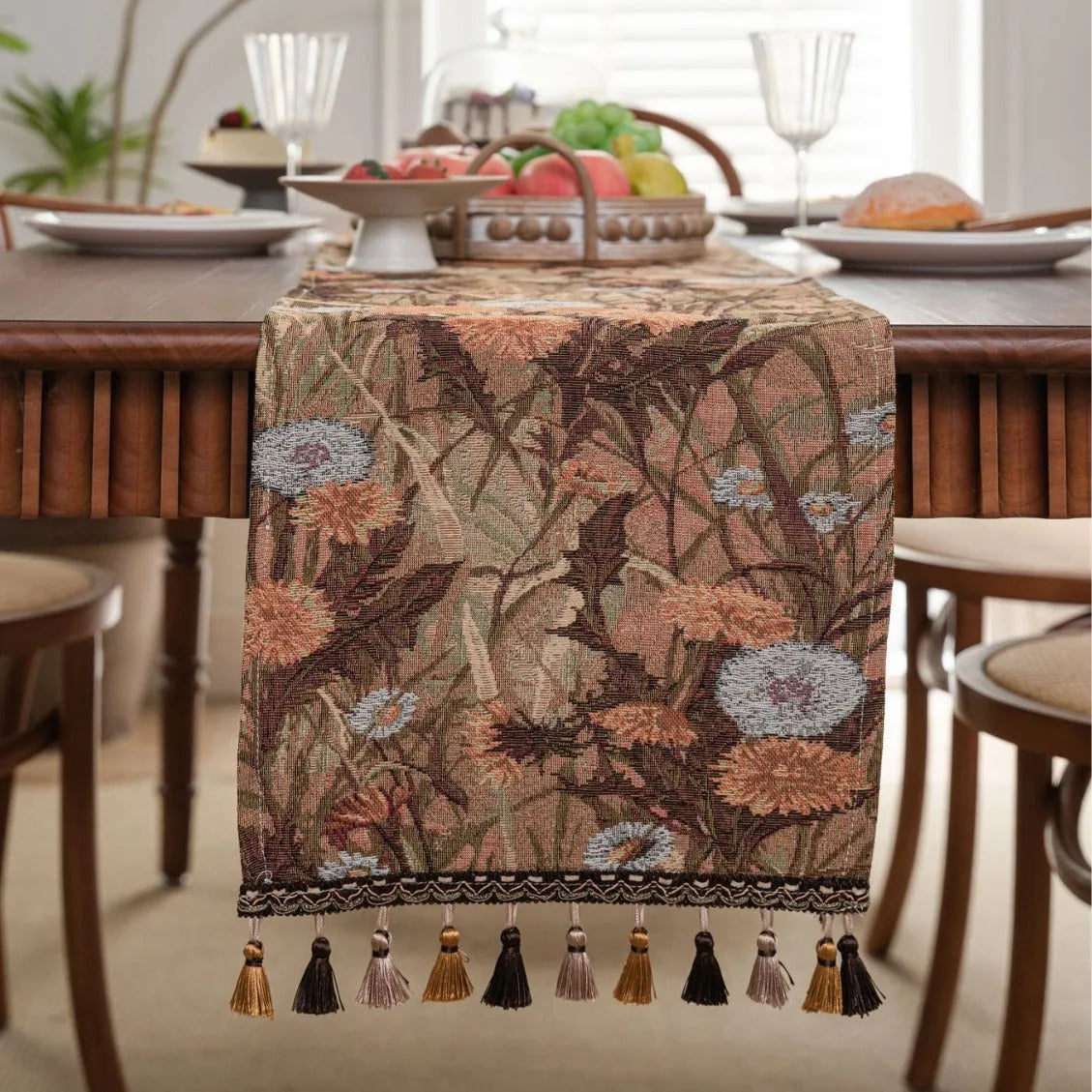 Beige jacquard table runner with long tassels and floral patterns, sizes 33x120cm to 33x400cm