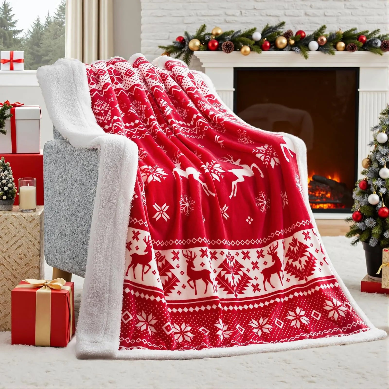 Soft flannel Christmas blanket in American-style design, available in multiple sizes for beds and sofas.