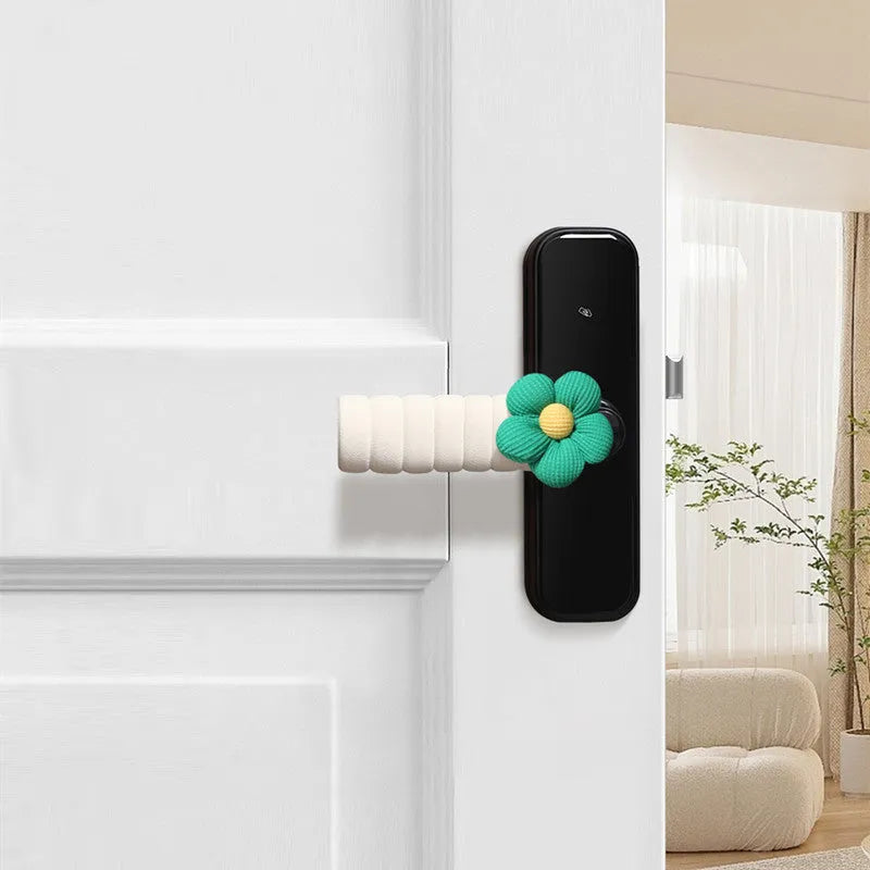Flower door handle protective casing in beige colour with floral pattern, soft PEVA material, round shape for anti-collision