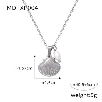 French vintage shell jeweled pendant necklace with titanium steel chain and freshwater pearl bead for women