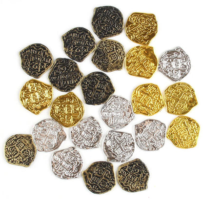 Doli Roman coin set showing 100 plastic coins with electroplated finish in gold, silver, or bronze options