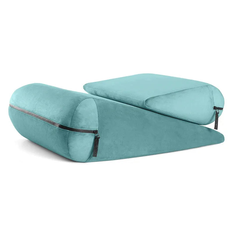 Triangle pad pillow with embroidery weaving in lake blue colour, dimensions 68x33x25cm
