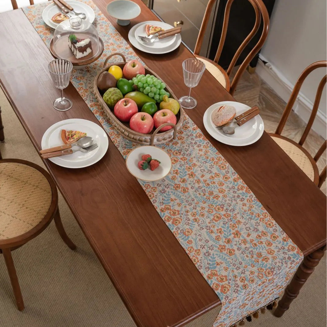 Beige jacquard table runner with long tassels and floral patterns, sizes 33x120cm to 33x400cm