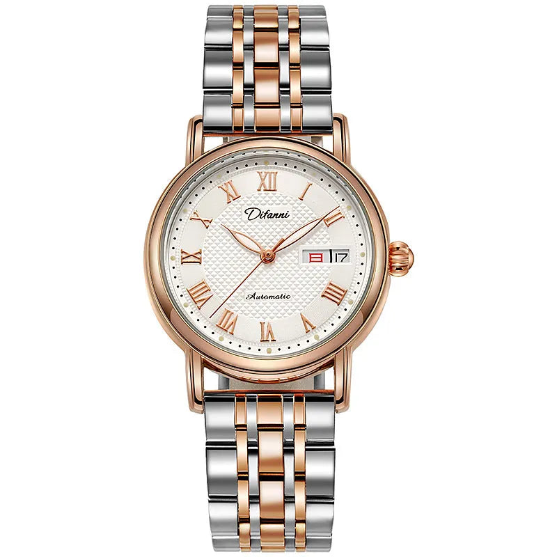 Women's automatic mechanical watch with 12mm thickness showing steel belt and leather strap options in various colours