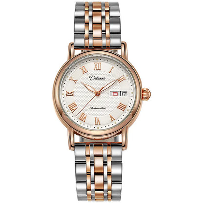 Women's automatic mechanical watch with 12mm thickness showing steel belt and leather strap options in various colours