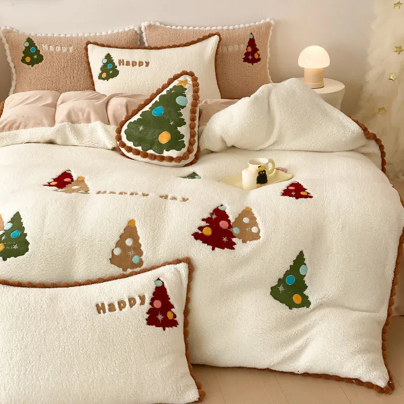 Bright yellow Christmas tree bedding set with fleece lining, embroidery detail, and complete four-piece configuration for winter warmth