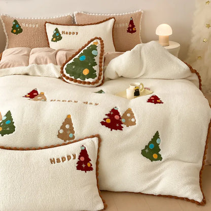 Bright yellow Christmas tree bedding set with fleece lining, embroidery detail, and complete four-piece configuration for winter warmth