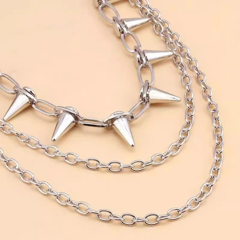 Silver double-layer pants chain with zipper and rivet details measuring 115cm for punk hip hop fashion