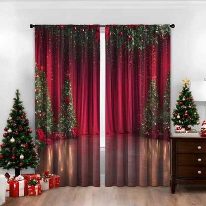 Pair of 3D digitally printed Christmas pattern curtains hung on a window.