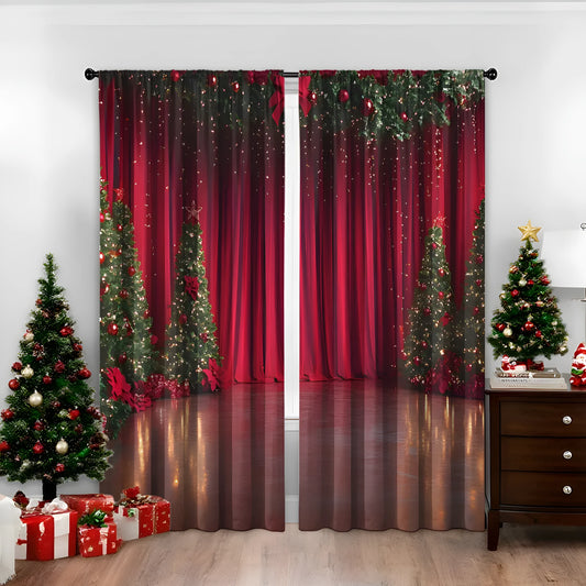 Pair of 3D digitally printed Christmas pattern curtains hung on a window.
