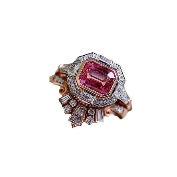 Rose gold geometric women's fashion ring with retro style design shown on finger