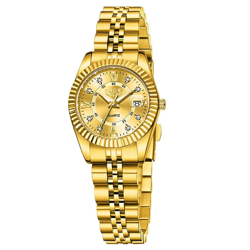 Waterproof leisure couple quartz watch in gold white colour with 10mm thickness on wrist