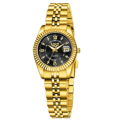 Waterproof leisure couple quartz watch in gold white colour with 10mm thickness on wrist