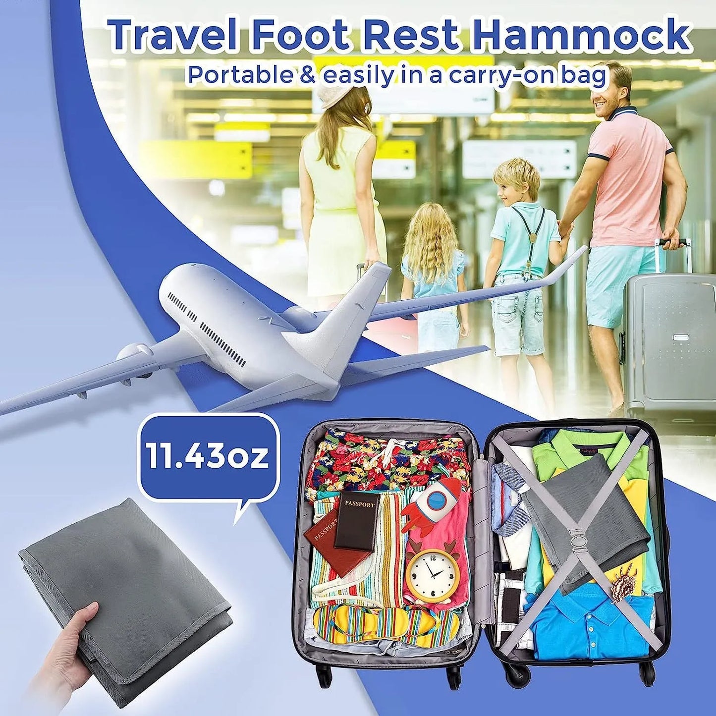 Portable blue children's aircraft seat extender kit with drawstring storage pocket.