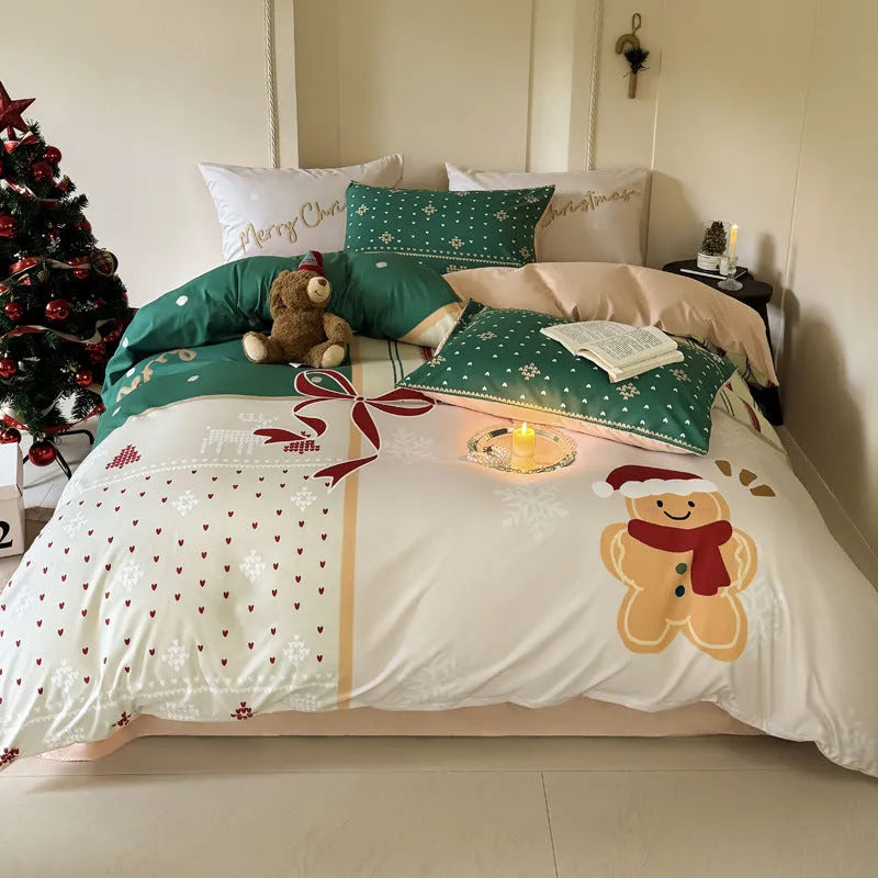 Christmas-themed four-piece bedding set with cartoon digital prints on super soft washed cotton