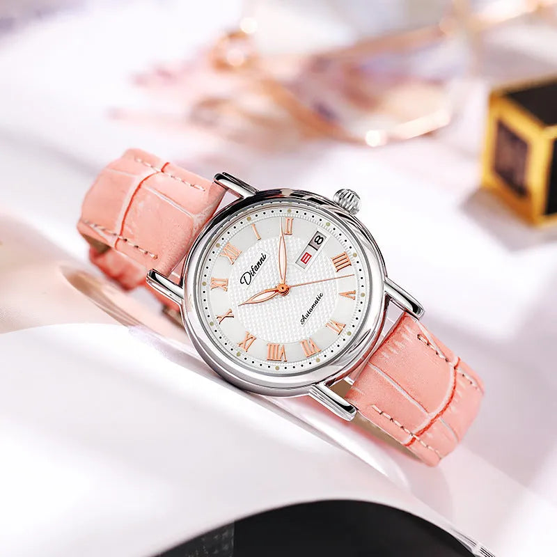 Women's automatic mechanical watch with 12mm thickness showing steel belt and leather strap options in various colours