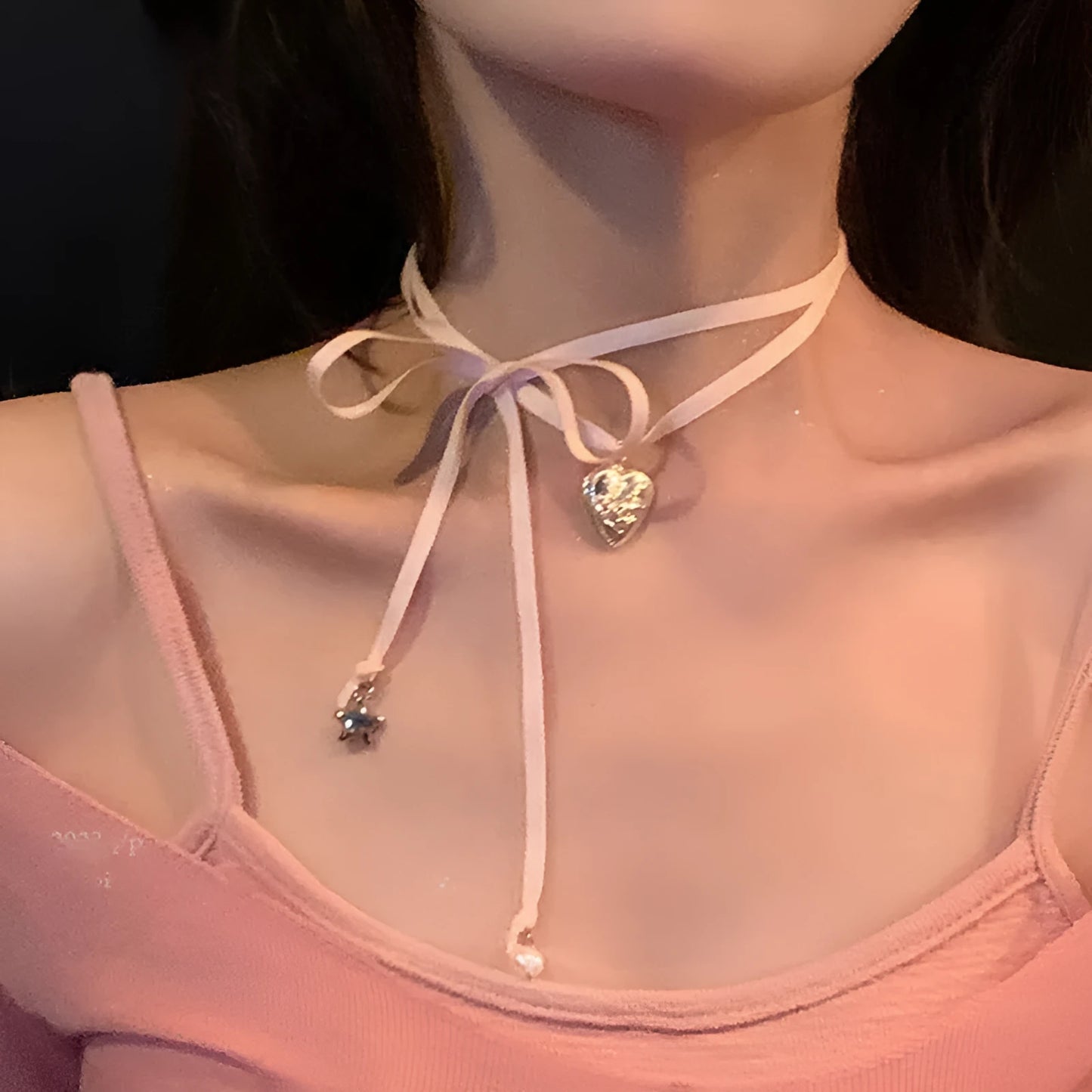 Women's ribbon love pendant necklace with adjustable 45-50cm chain in electroplated finish