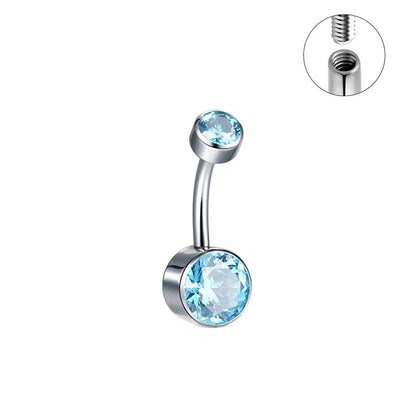 Titanium alloy double-headed navel stud with zircon stones in various colours and lengths.
