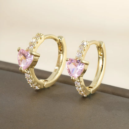 Round love heart copper clip-on earrings in pink, white, and green with geometric design