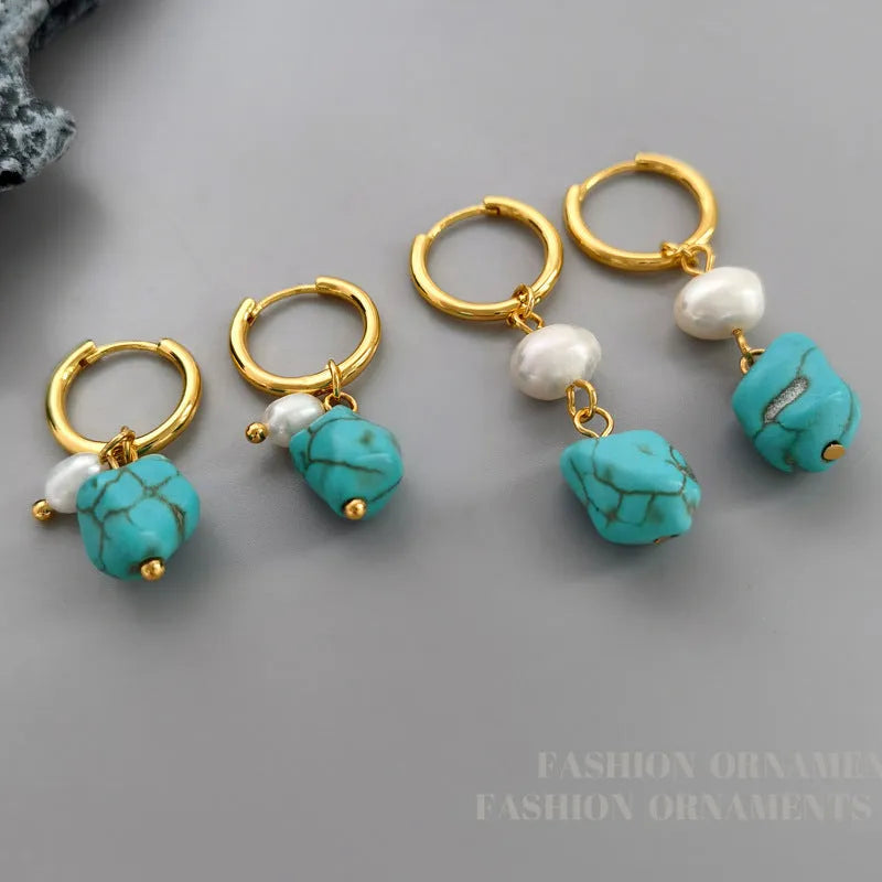 Copper clip earrings with irregular turquoise stones and cultured pearls in geometry shape