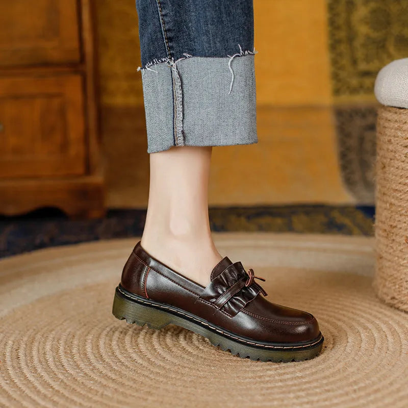 Women's leather shoes with round toe and chunky heel, British style low-top ankle boots featuring oversleeve design, available in black or brown with beef tendon sole in sizes 34-40