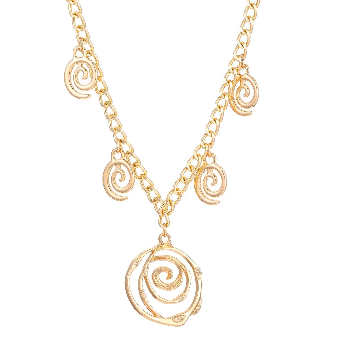 Gold spiral donut alloy jewellery set showing necklace, bracelet, and ear hooks on a plain background.