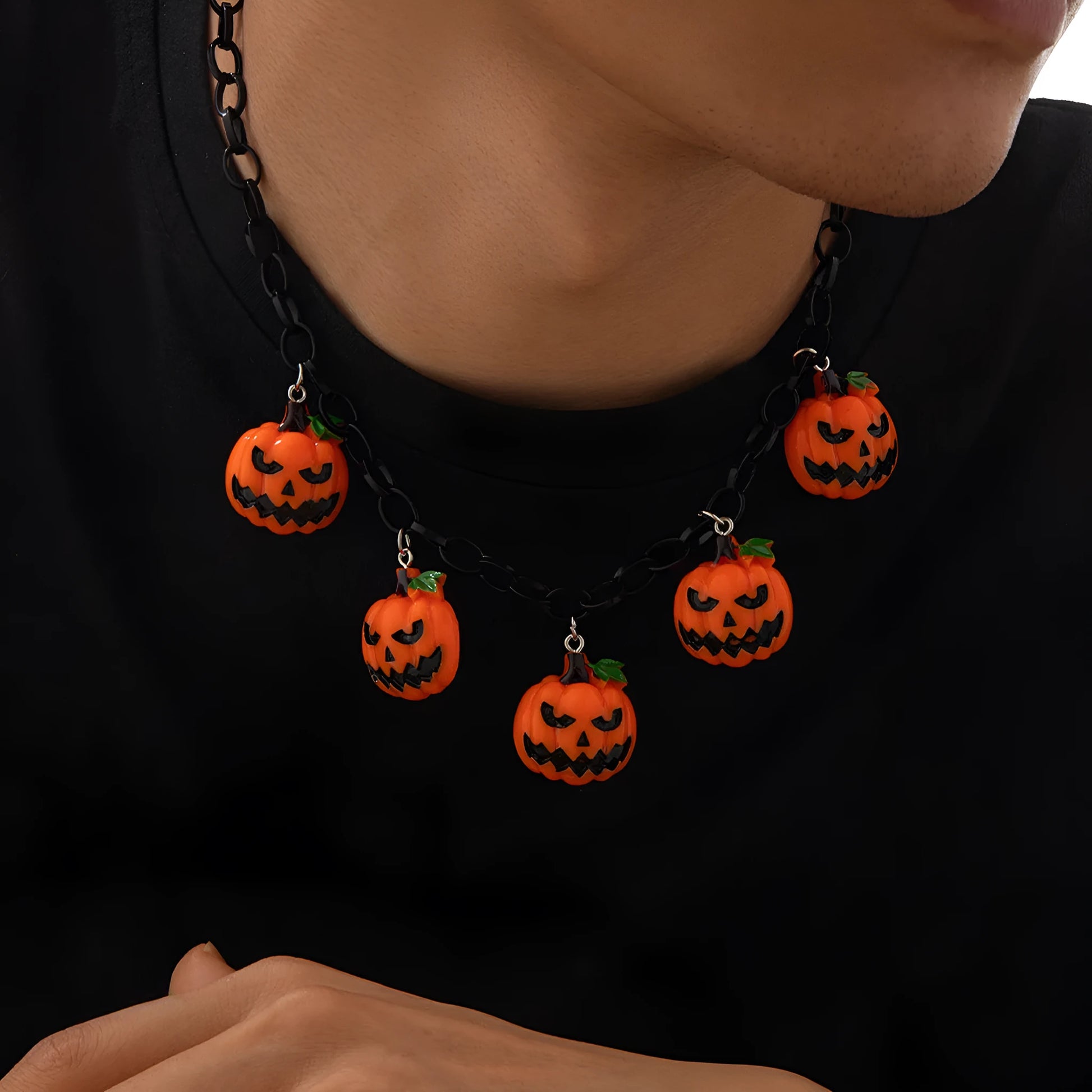 Halloween necklace with a cartoon ghost pumpkin acrylic pendant on a regular chain, in mixed colour 06705.