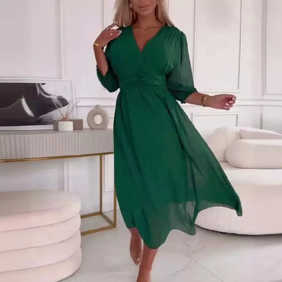 V-neck waist-tight long sleeve chiffon dress for women in green, blue, black, and rose red