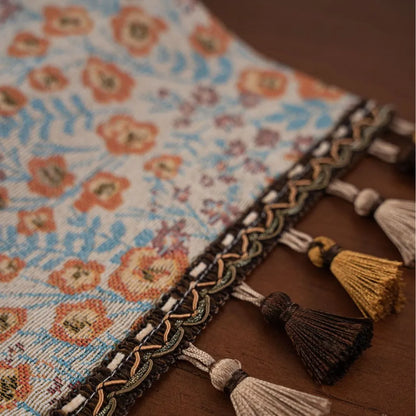 Beige jacquard table runner with long tassels and floral patterns, sizes 33x120cm to 33x400cm
