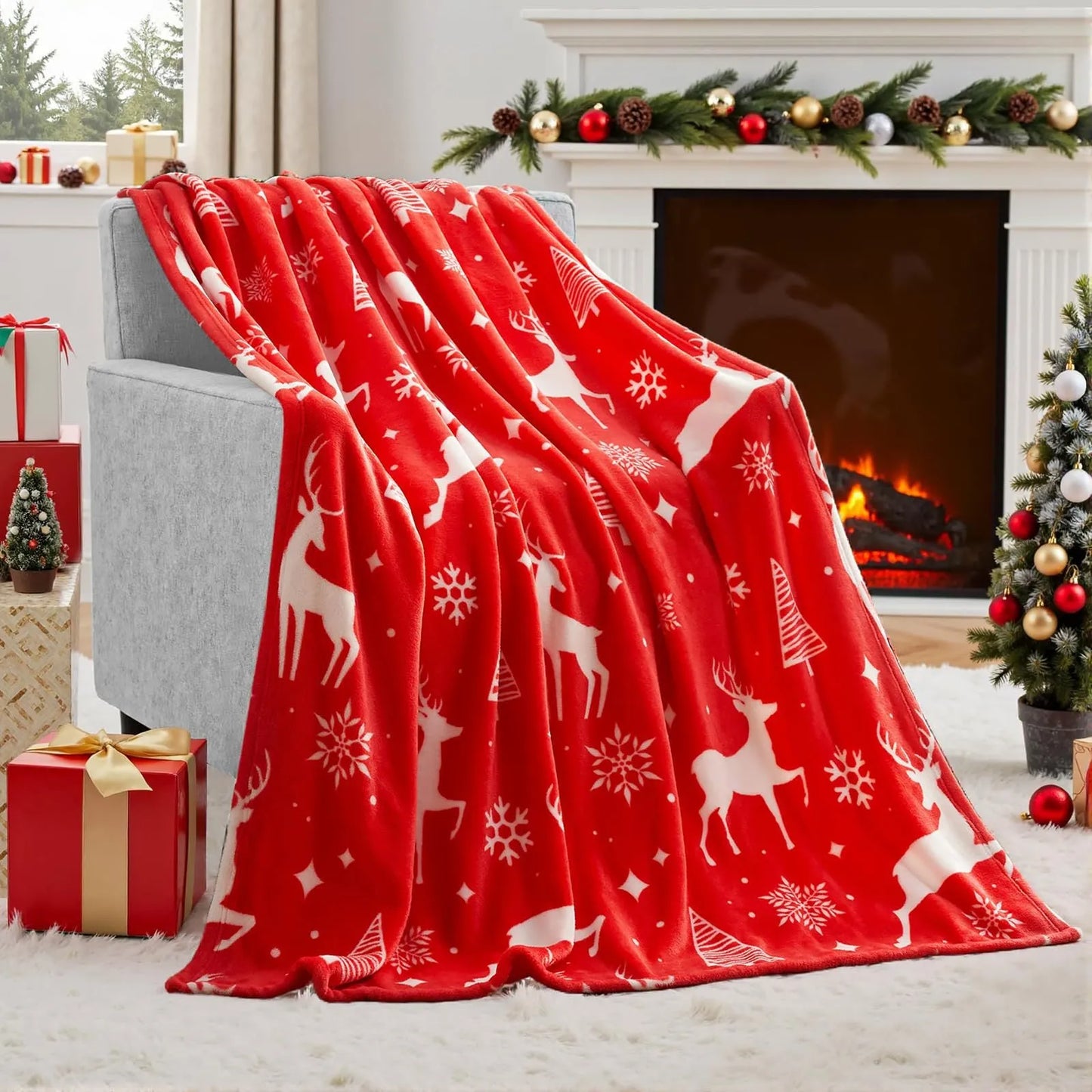 Soft flannel Christmas blanket in American-style design, available in multiple sizes for beds and sofas.