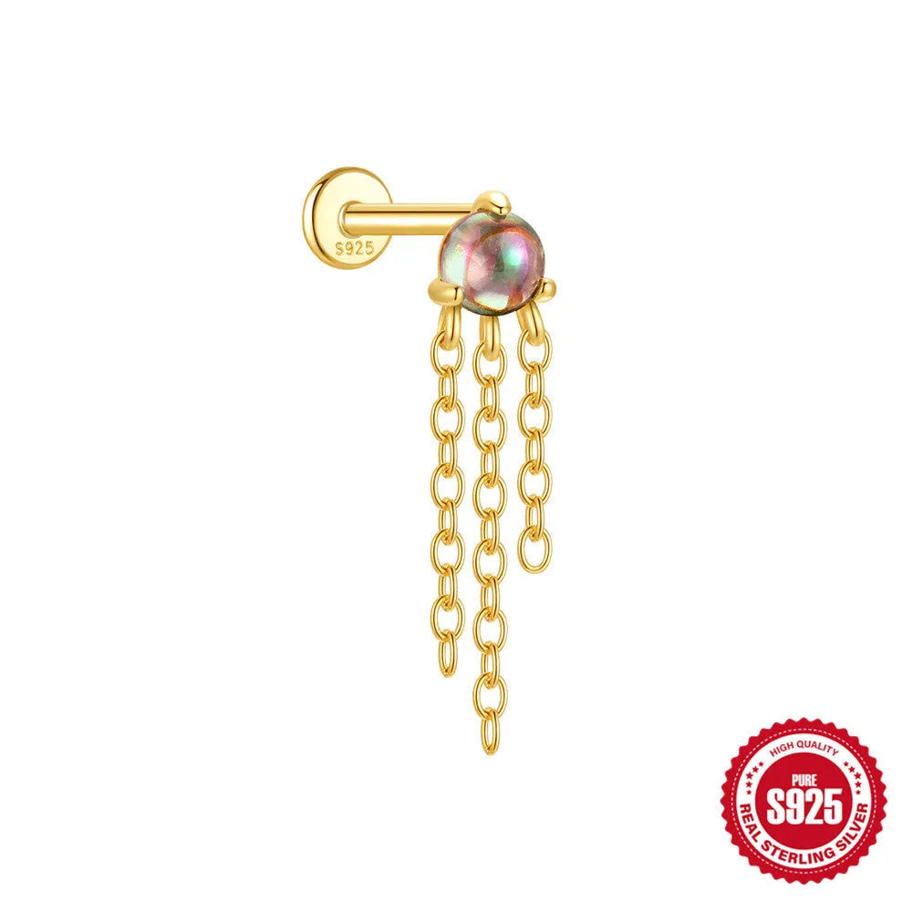 S925 sterling silver flat head thread piercing earring with super shiny rainbow stone, gold colour.