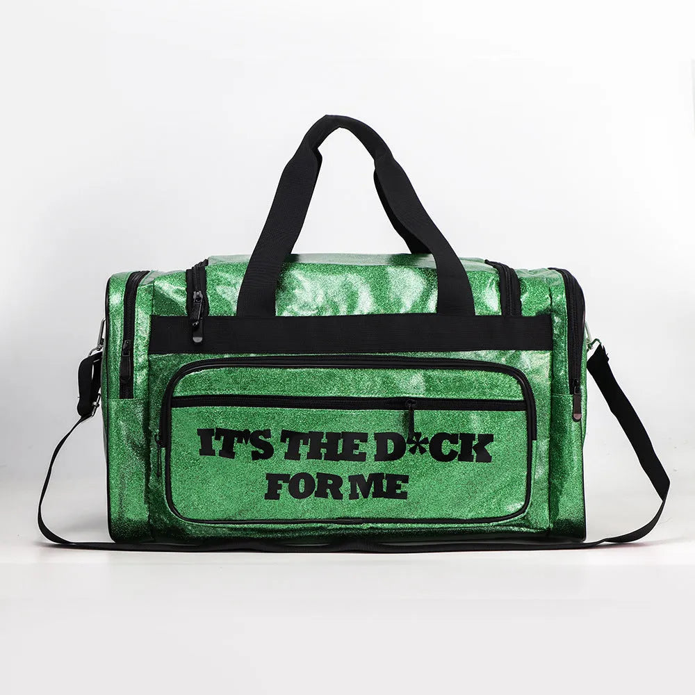 Large silver PU leather sports handbag with letter detailing, showing internal compartments.