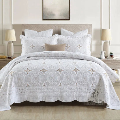 European-style cotton embroidery bed cover with double-thick construction and decorative detailing
