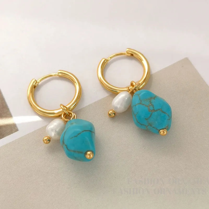 Copper clip earrings with irregular turquoise stones and cultured pearls in geometry shape