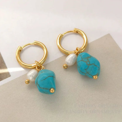 Copper clip earrings with irregular turquoise stones and cultured pearls in geometry shape