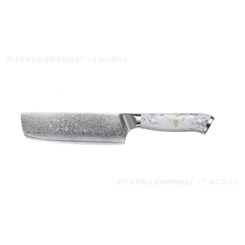 Damascus pattern chef's knife with Pakkawood handle on a wooden cutting board, blade length 21cm.