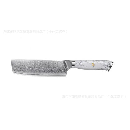 Damascus pattern VG10 steel chef's knife with a 21cm blade and simple handle on a wooden cutting board.