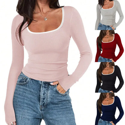 Women's light grey square collar slim fit cotton pullover with long sleeves on a hanger.