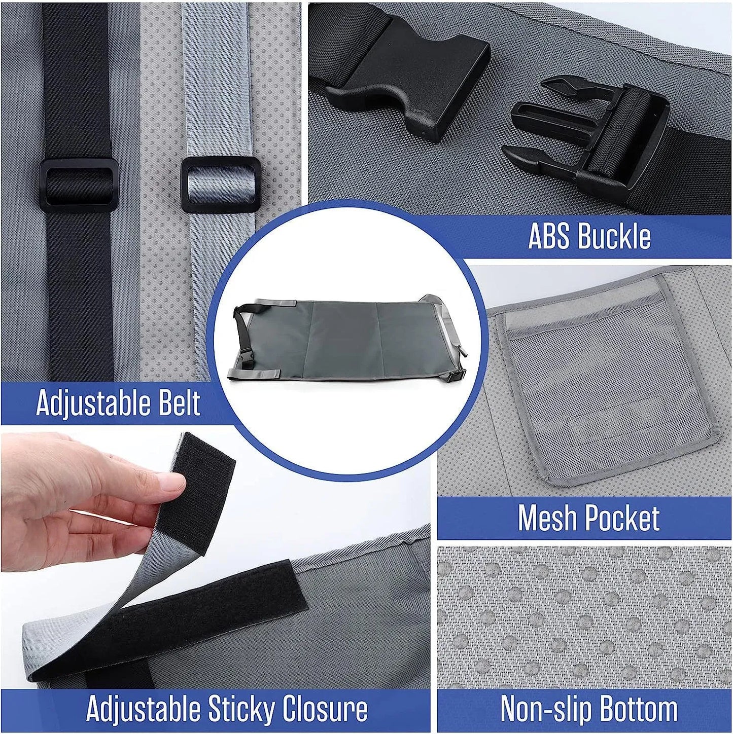 Portable blue children's aircraft seat extender kit with drawstring storage pocket.