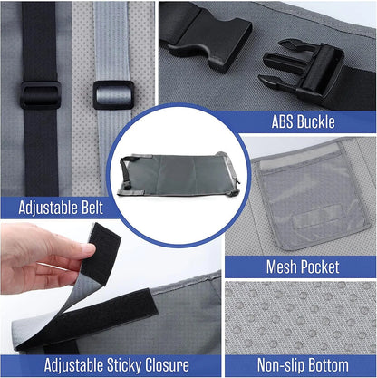 Portable blue children's aircraft seat extender kit with drawstring storage pocket.