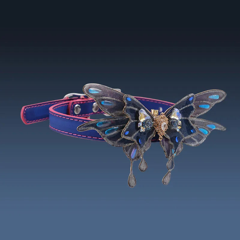 Purple colour-change butterfly rhinestone collar on an alloy chain, showing insect modelling.