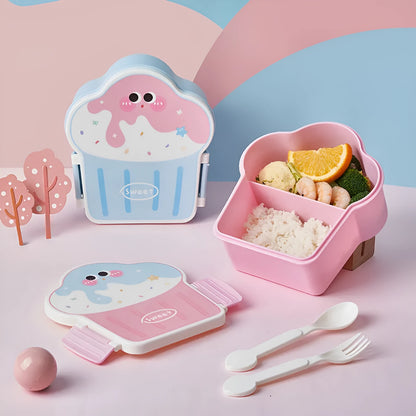 Pink and blue ice cream shaped plastic lunch boxes with compartments, includes spoon and fork
