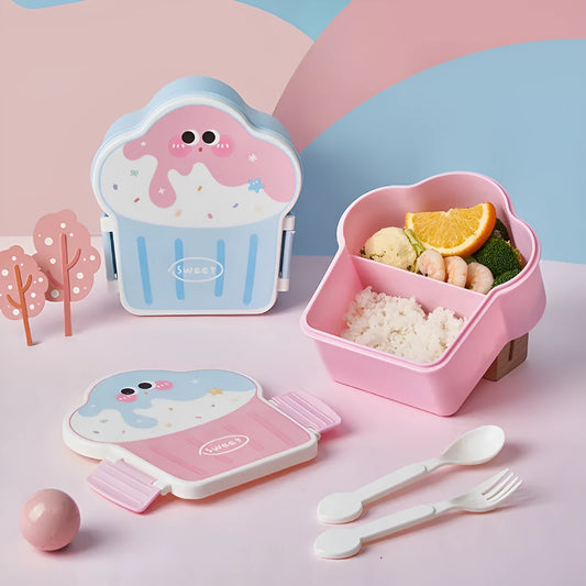 Pink and blue ice cream shaped plastic lunch boxes with compartments, includes spoon and fork