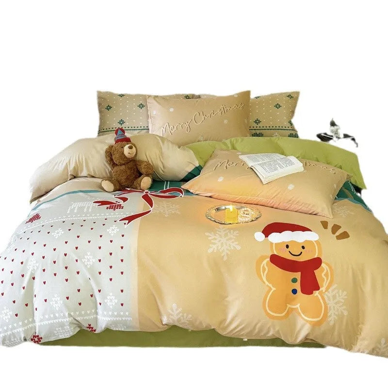 Christmas-themed four-piece bedding set with cartoon digital prints on super soft washed cotton