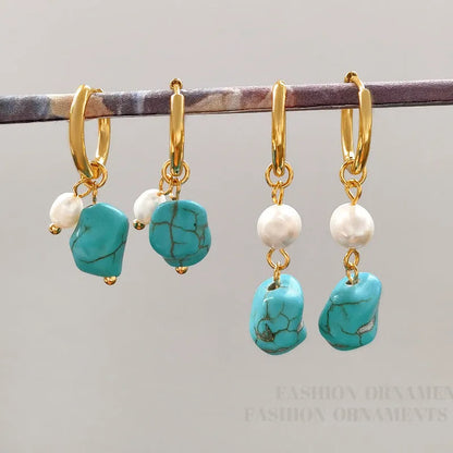 Copper clip earrings with irregular turquoise stones and cultured pearls in geometry shape