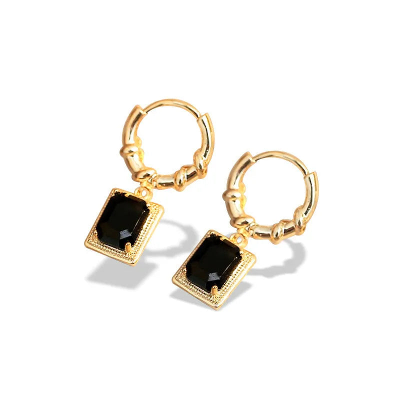 French Court Retro Black Zircon Earrings with quadrilateral geometric shape and copper construction